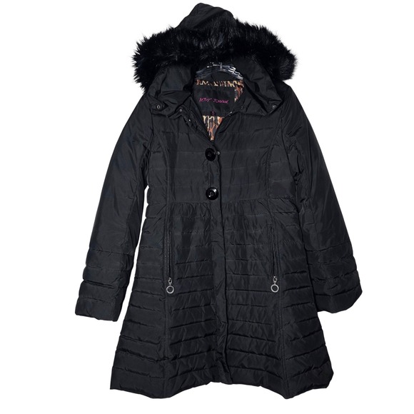 Betsey Johnson Jackets & Blazers - Betsey Johnson Black Puffer Coat Faux Fur Hood Leopard Lining Down Fill Size M